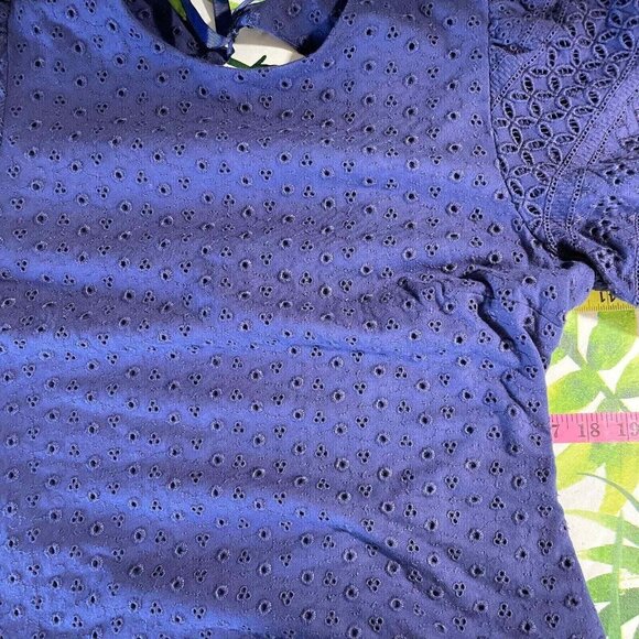 Free People Apricot Rose Mini Dress Womens Large Navy Blue Eyelet Puff Sleve - Picture 12 of 13